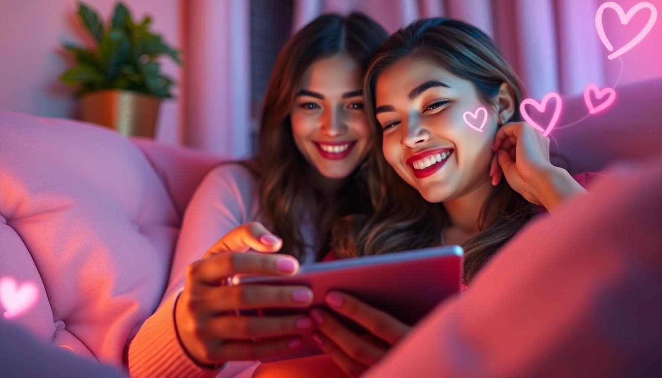Engaging in intimate ai sex chat on a tablet, surrounded by a cozy atmosphere.