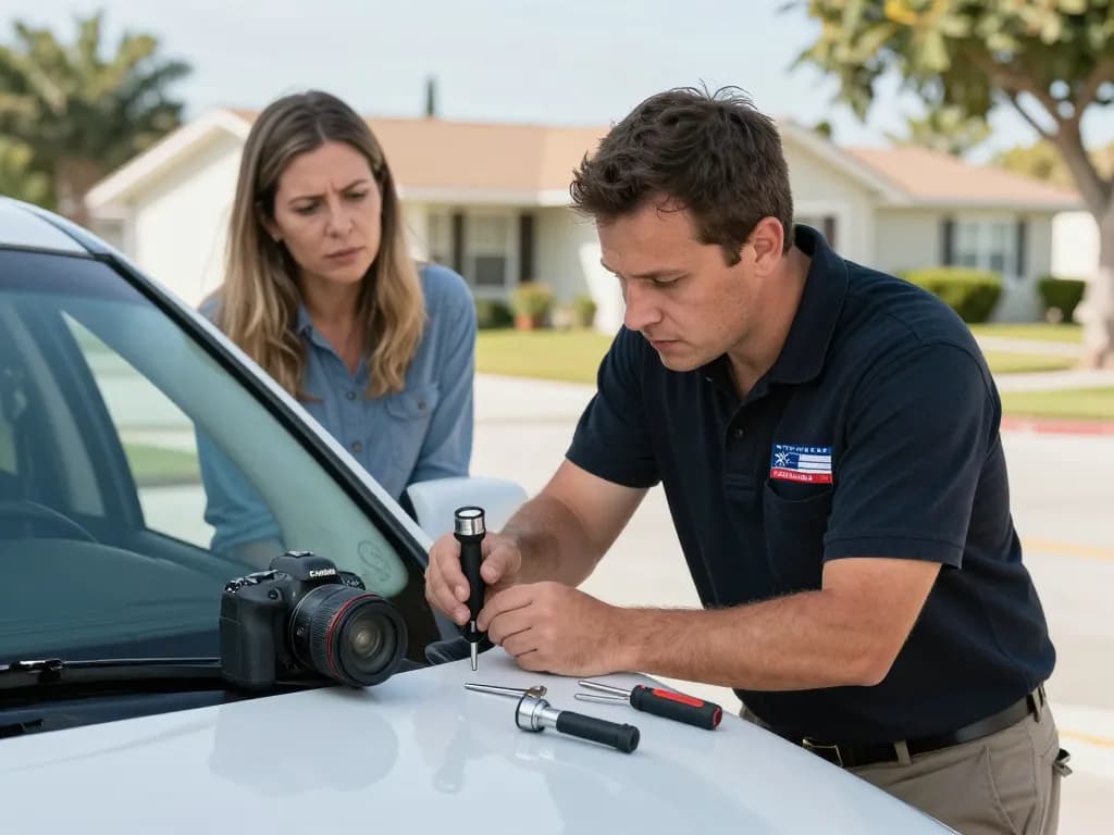 Emergency locksmith Palm City assisting a homeowner with a car door lock, highlighting professional services and urgent response.