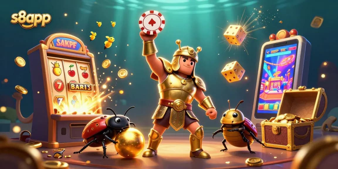 Play and win big with s8app in vibrant casino-themed action illustration featuring dynamic characters and exciting elements.