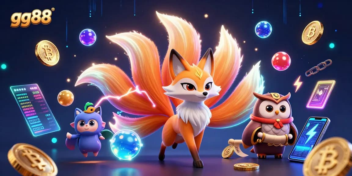 Experience the vivid world of gg88 with a colorful nine-tailed fox and wise owl amidst digital crypto and casino elements.