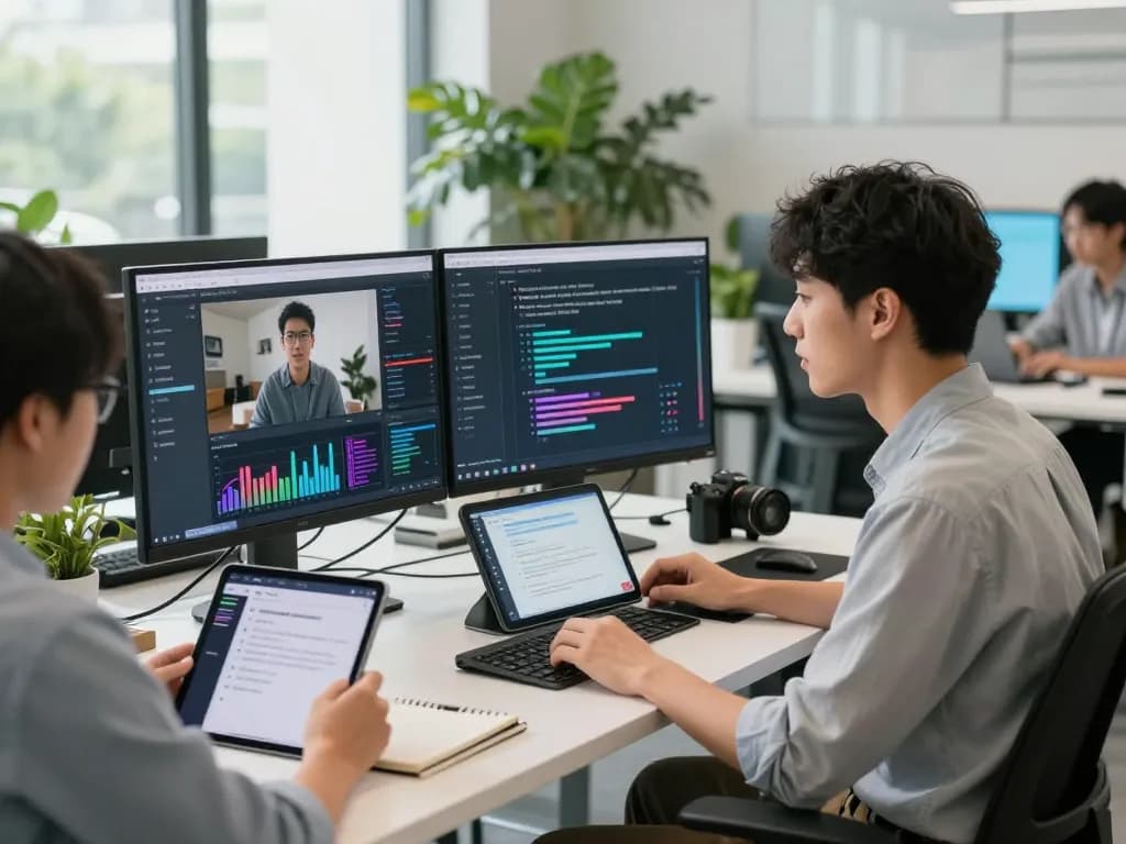Data analyst engaged with video to prompt AI technology in a bright, modern workspace.