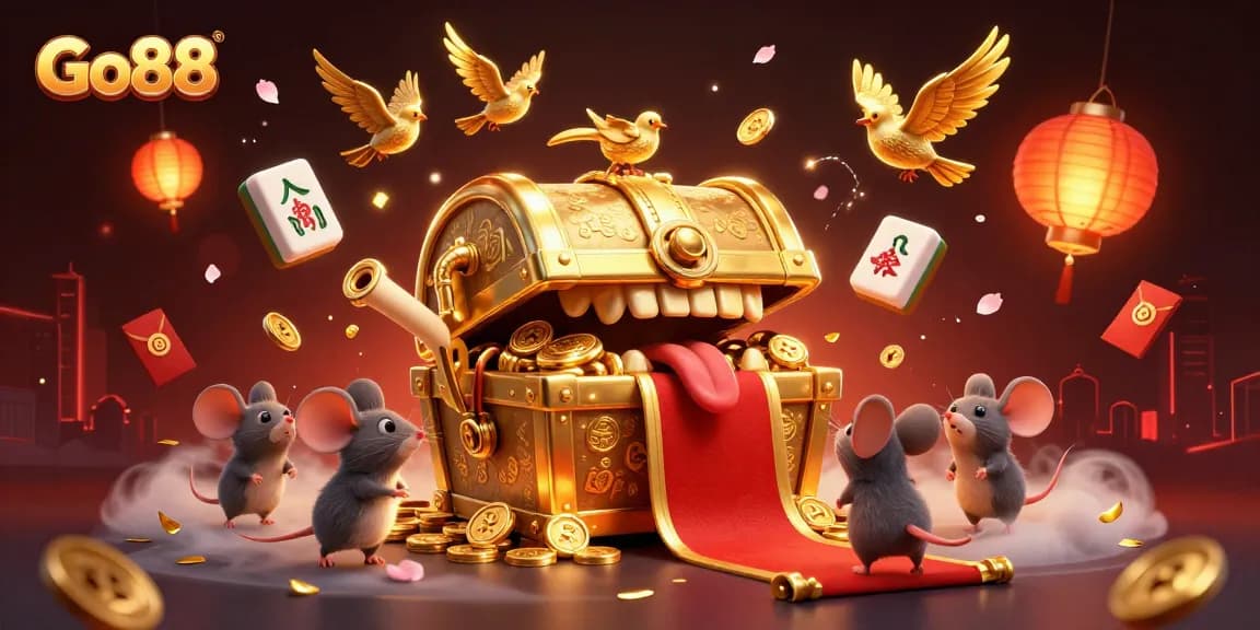 Engage in exciting gameplay at Go88, featuring a treasure chest and festive elements in a 3D casino setting.