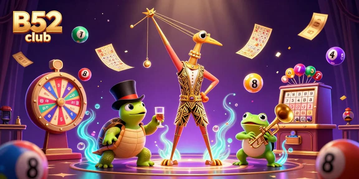 Experience the excitement of B52 club with vibrant lottery elements and dynamic 3D characters in a casino scene.