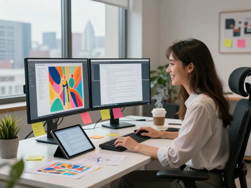 Engaging workspace scene with a young woman using an image to prompt ai generator for creative projects.