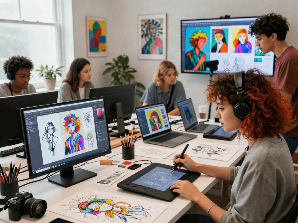 Creating AI NSFW art in a vibrant digital studio with diverse artists collaborating.