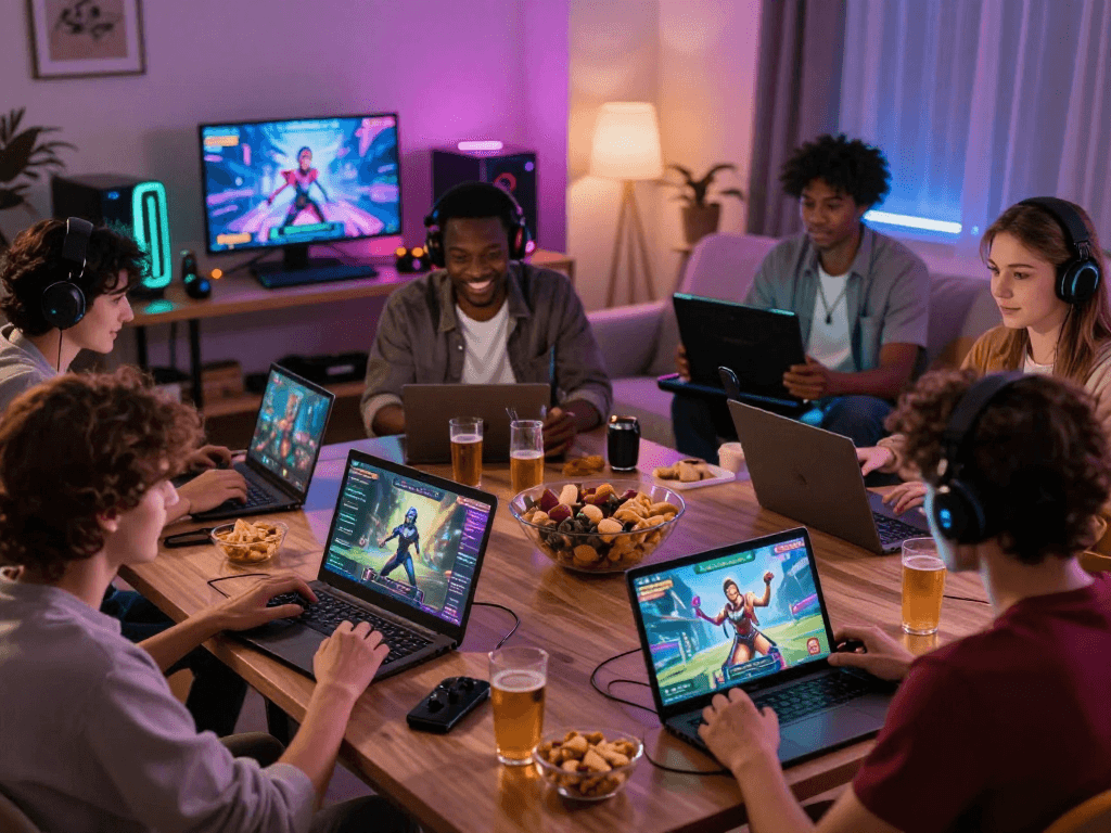 Exciting gaming scene with adults playing real porn games on laptops and tablets, showcasing immersive interactive experiences.