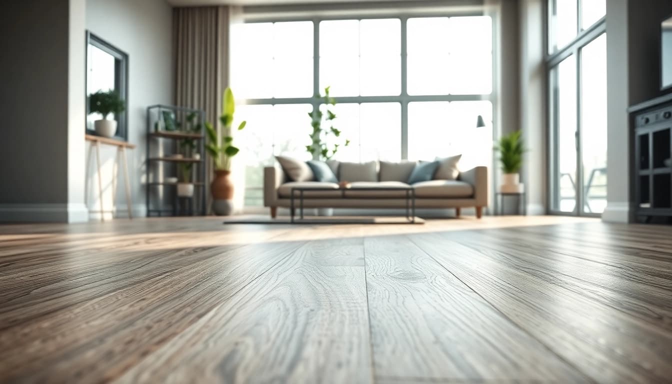 Showcasing grey oak LVP flooring chicago in a modern living room with natural light.