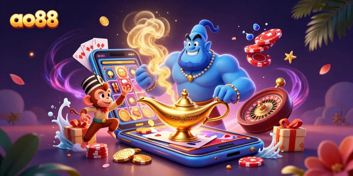 ao88 showcases a vibrant 3D casino illustration with a genie, monkey, and poker chips.