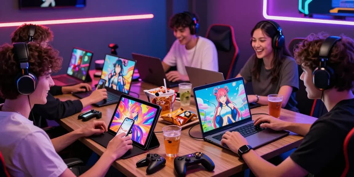 Engaged players enjoying hentai games on various devices in a lively gaming lounge.