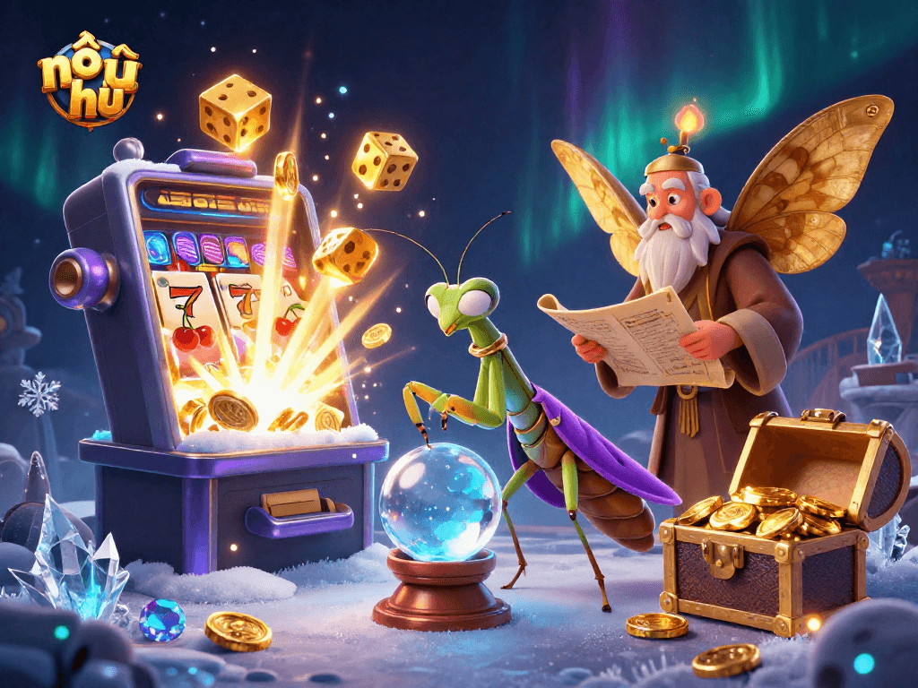 Experience the excitement of nổ hũ with a vibrant 3D illustration of fortune tellers, slot machines, and gold coins.