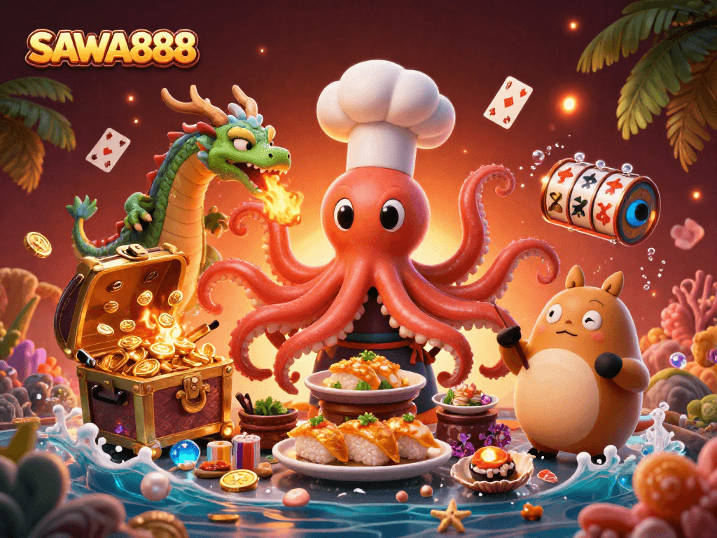 Engage with SAWA888's vibrant gaming scene featuring an octopus chef and dragon, alongside exciting slot elements.