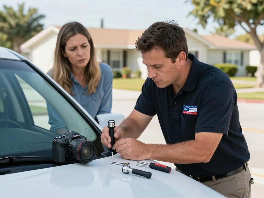 Emergency locksmith Palm City assisting a homeowner with a car door lock, highlighting professional services and urgent response.