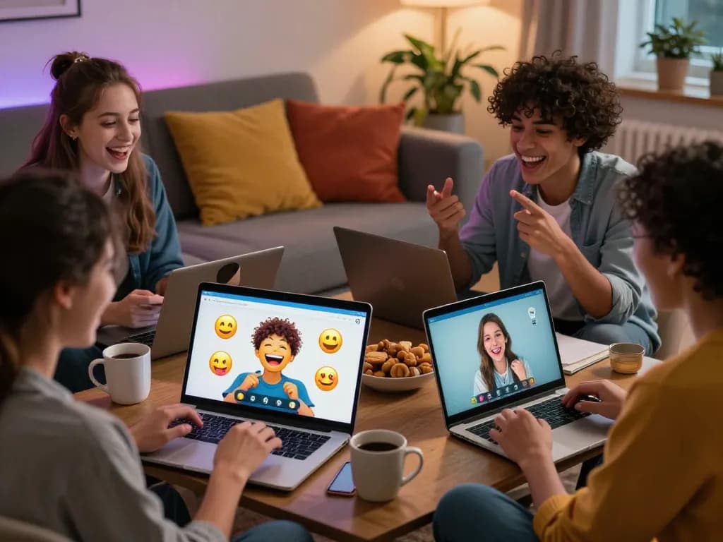 Engaging spicy chat conversation between diverse users in a cozy setting with laptops and snacks.