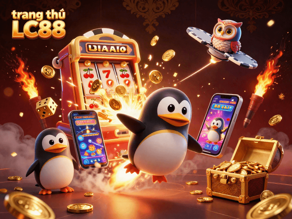Win with exciting games at trang chủ LC88 featuring vibrant 3D illustrations of casino elements.