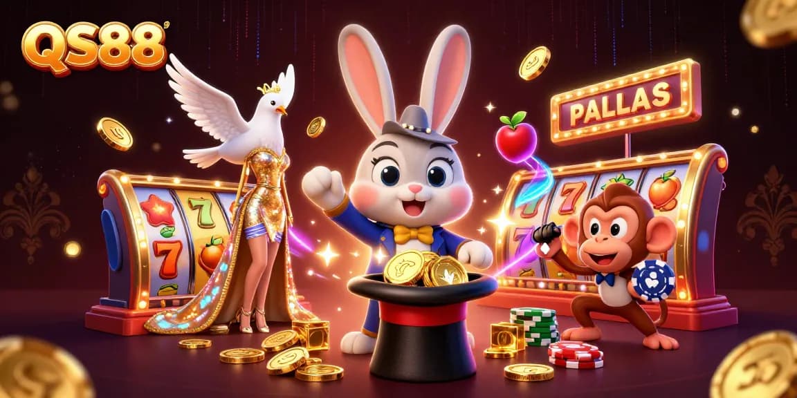 Hình minh họa QS88 với thỏ ảo thuật và các biểu tượng slot phong phú, gia tăng sự hứng thú.