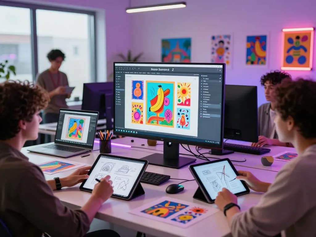 Collaboration among artists using Nano Banana 2 to create vibrant AI-generated visuals in a modern workspace.