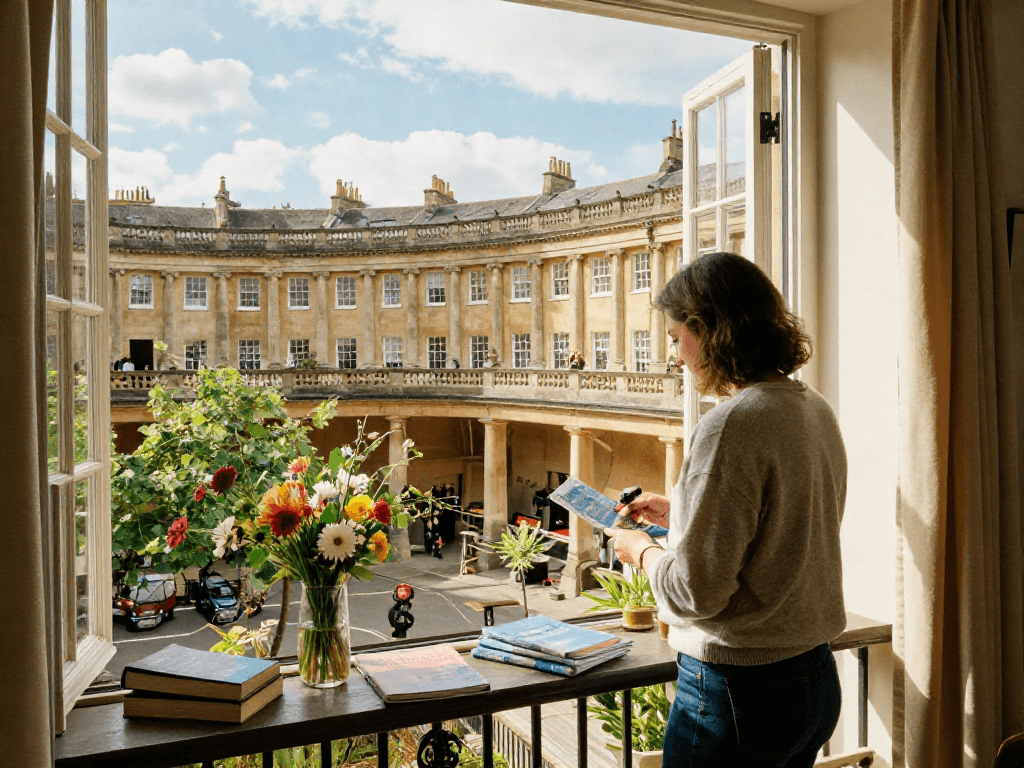 Airbnb management in Bath with a host showcasing a beautiful property and local attractions.