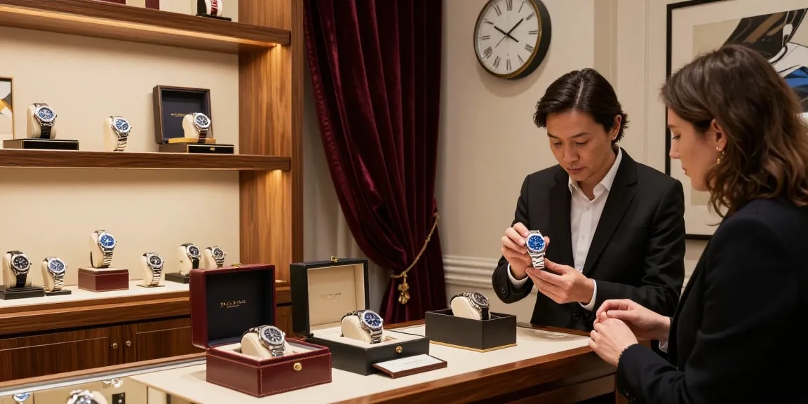 Explore premium super clone watches in an elegant showroom, showcasing craftsmanship and luxury.