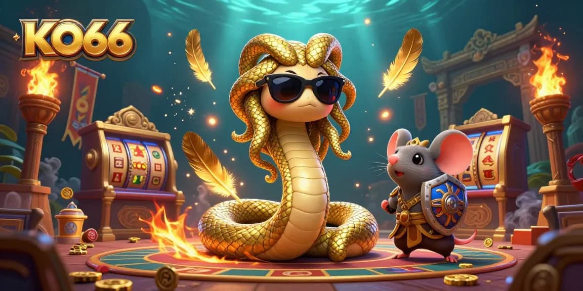 Spin jackpots and explore the vibrant world of KO66 casino with Medusa and a warrior mouse.
