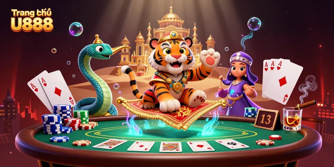 Experience thrilling adventures at Trang chủ U888 with colorful poker elements in a vibrant casino scene.