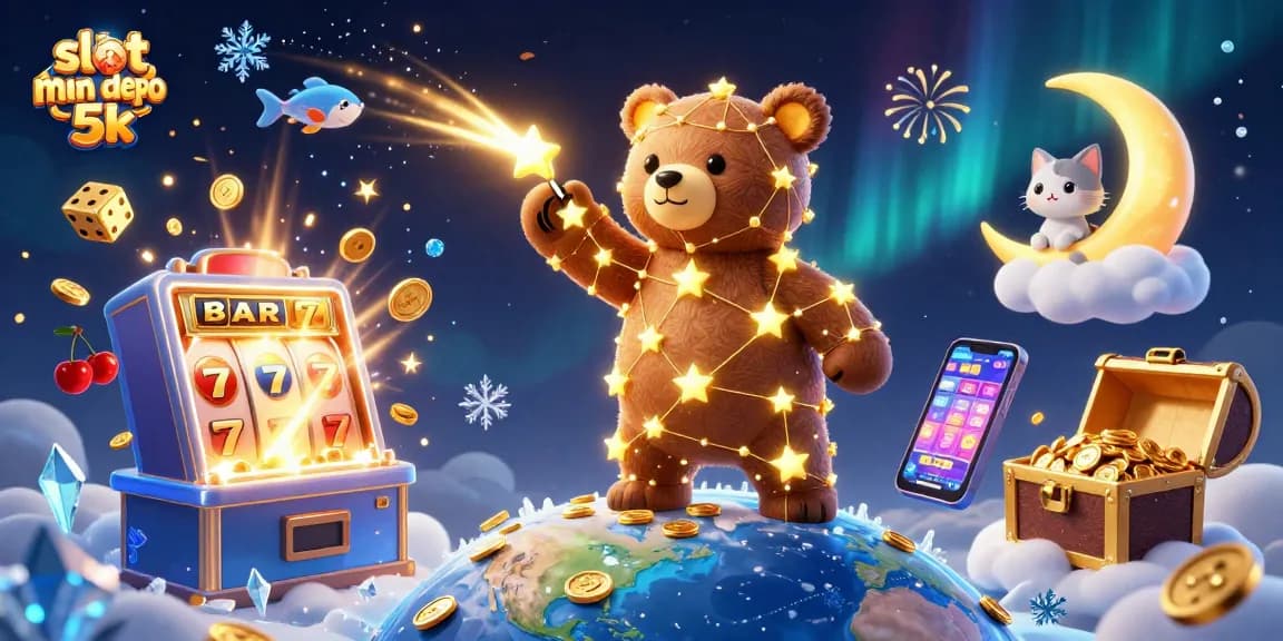 Experience the excitement of slot min depo 5k with a lively 3D illustration of coins erupting from a slot machine.