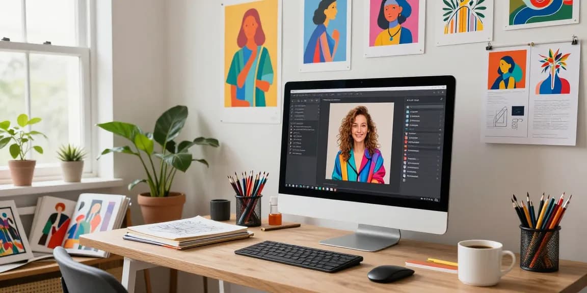 Digital artist using an image to prompt generator tool in a bright studio