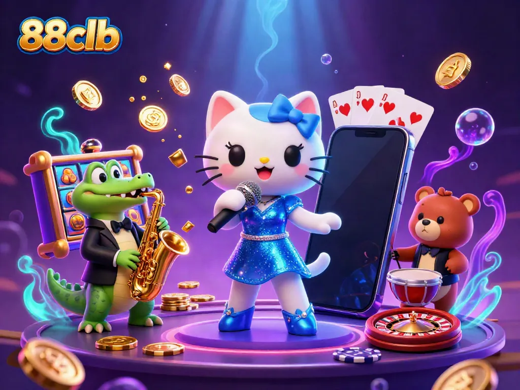 Experience the lively gaming atmosphere at 88clb with jazz-singer cat, saxophone crocodile, and drum-playing bear.