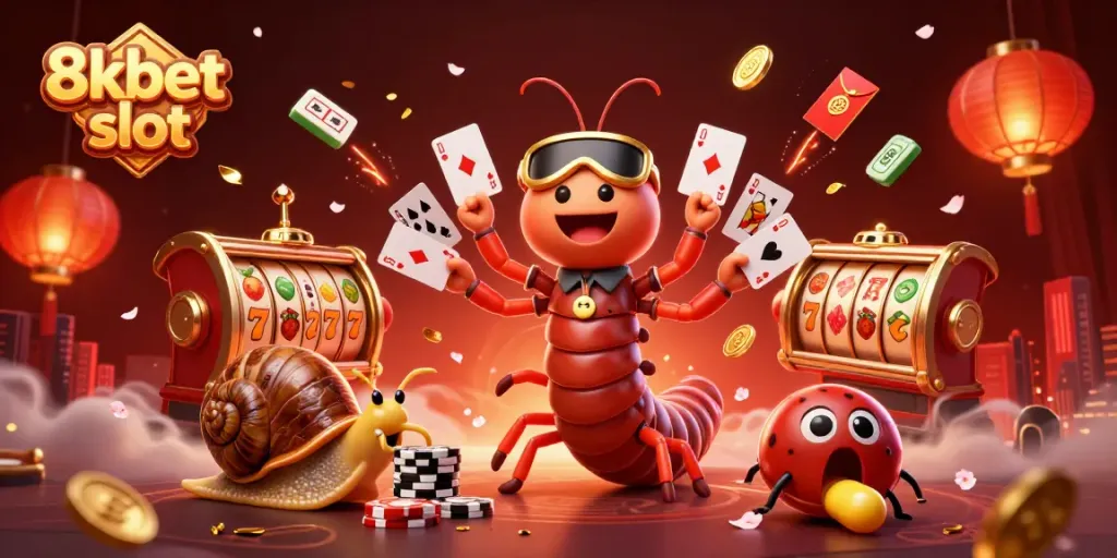 Engage with the thrilling 8xbet slot experience amidst colorful casino elements and dynamic characters.