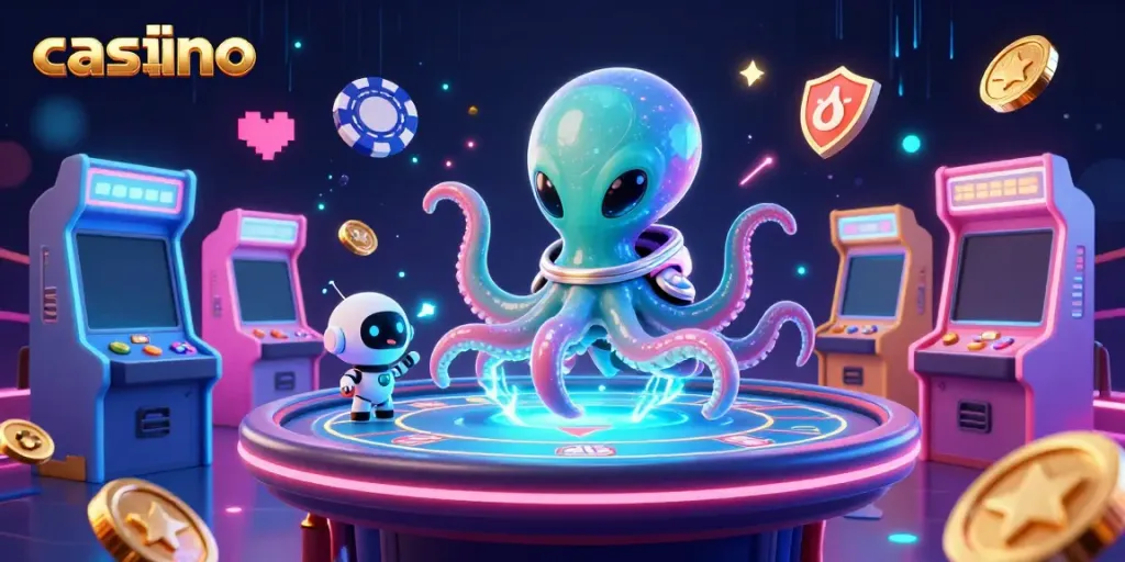 Experience thrilling casino action with a vibrant alien octopus managing holographic poker!