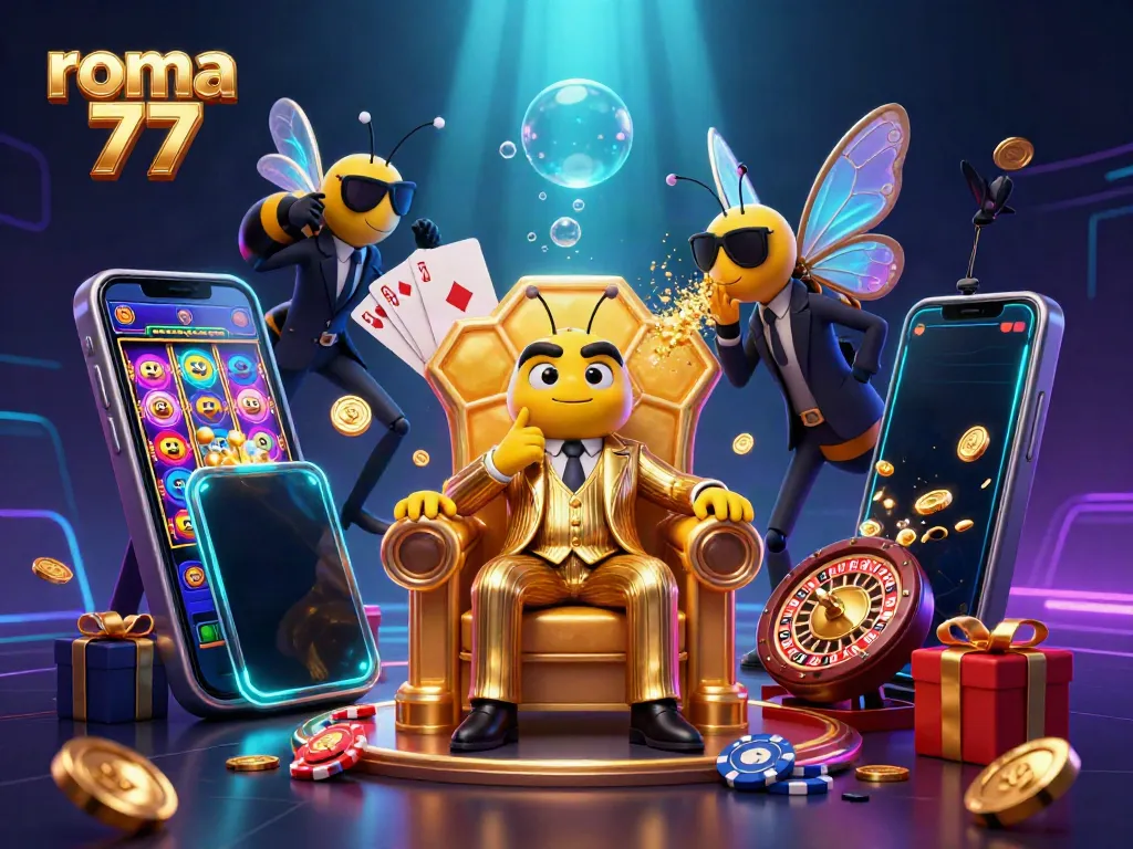 Engage in thrilling slot gaming with roma 77, showcasing a cartoon mob boss in a vibrant casino environment.