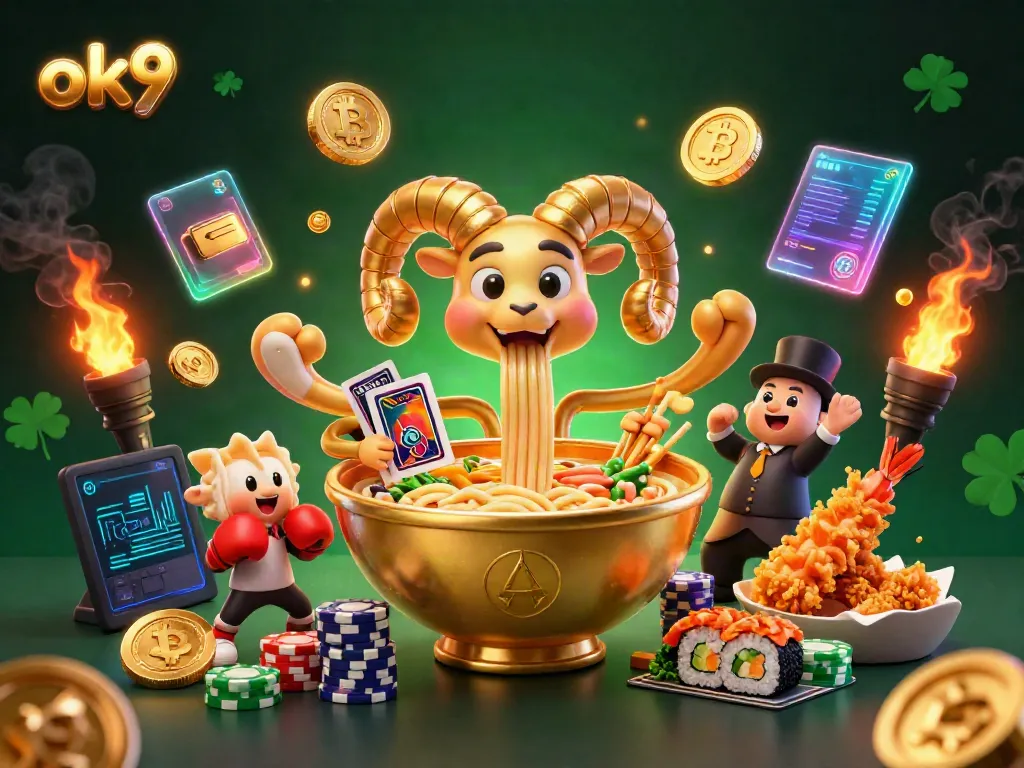 ok9 casino scene featuring a ramen bowl dealer with NPCs, crypto elements, and energetic atmosphere.