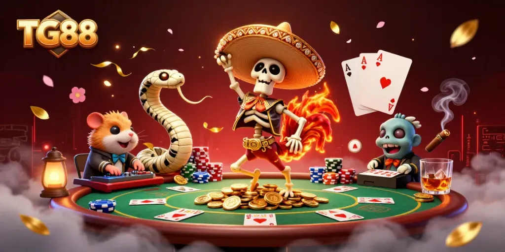 Experience the vibrant energy of TG88 with a dynamic casino scene filled with excitement and winning elements.