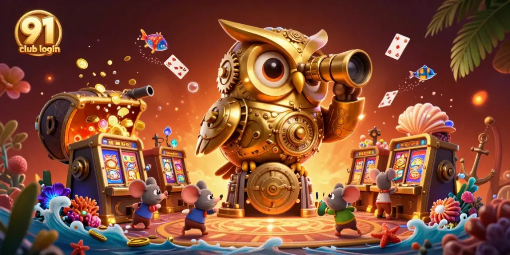 Engage with 91 club login, featuring a vibrant 3D casino scene with a golden owl and whimsical characters.