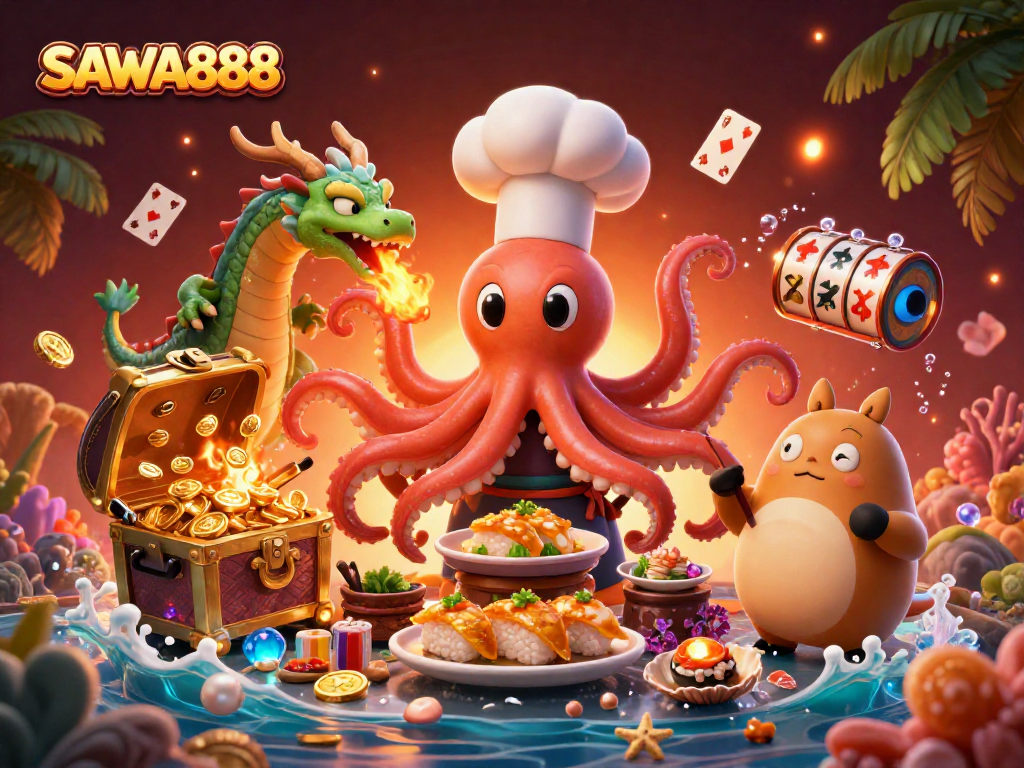 Engage with SAWA888's vibrant gaming scene featuring an octopus chef and dragon, alongside exciting slot elements.