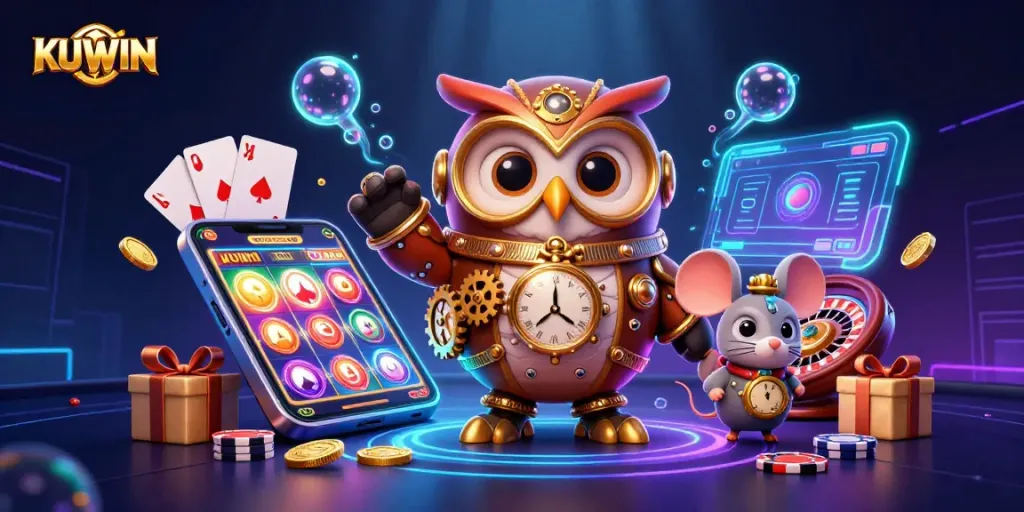 Experience thrilling casino fun with KUWIN in this vibrant, 3D steampunk-inspired illustration.