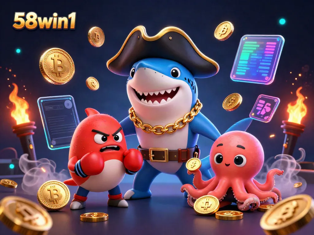 Engage with 58win1's thrilling casino scene featuring a cartoon shark, pufferfish, and octopus amidst digital currency elements.