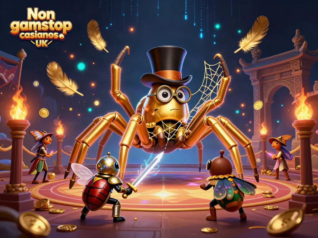 Engaging scene showcasing Non gamstop casinos UK with cartoon characters amidst vibrant gambling motifs.