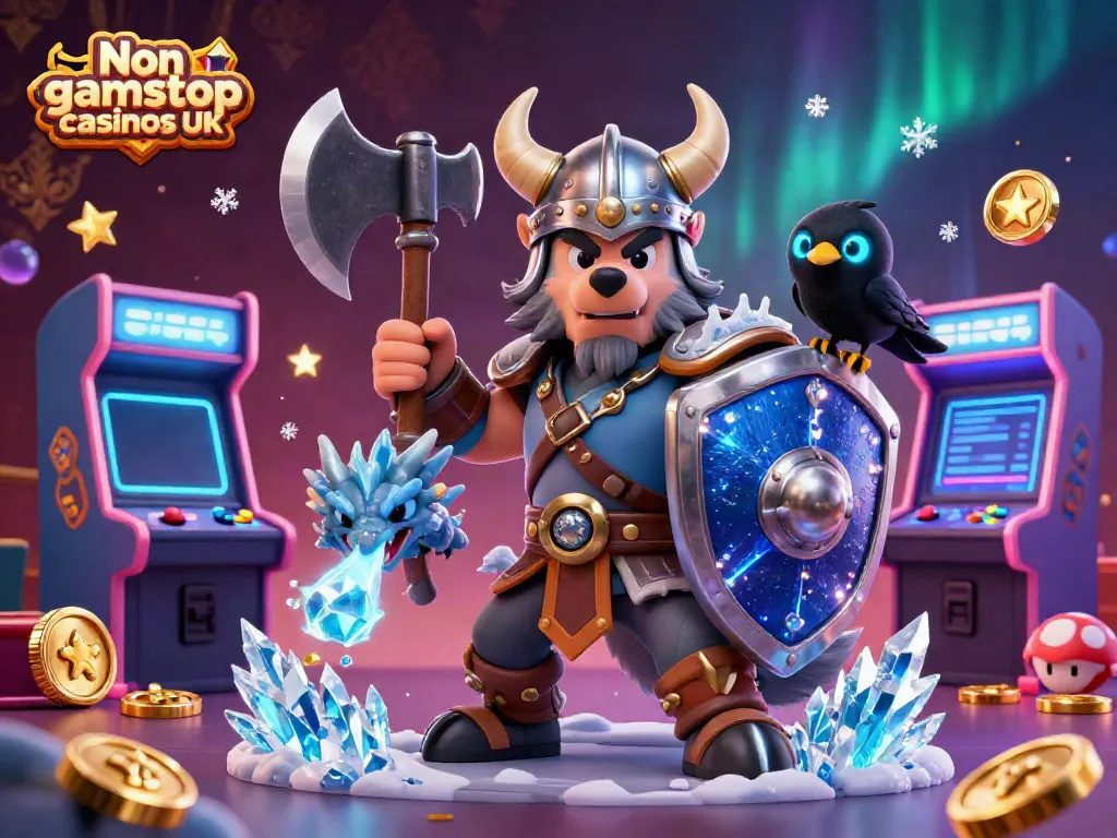 Engage with Non gamstop casinos UK in a vivid 3D illustration featuring mythical characters and gaming elements.
