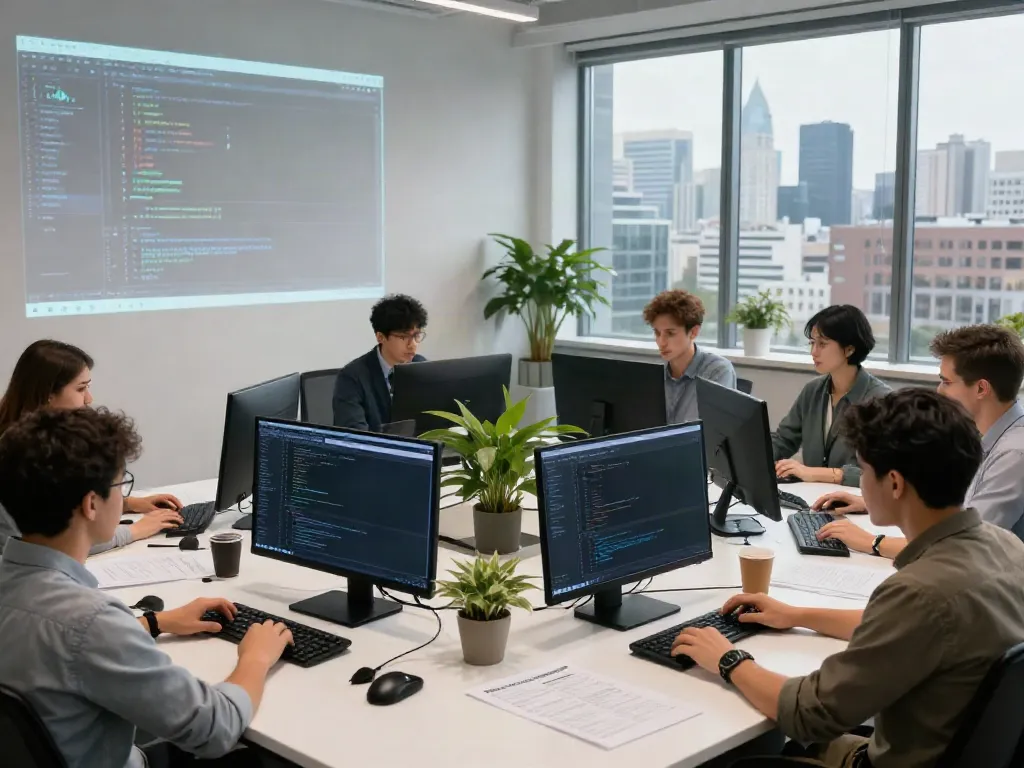 Developers in a modern workspace using a multi-model API for seamless integration.