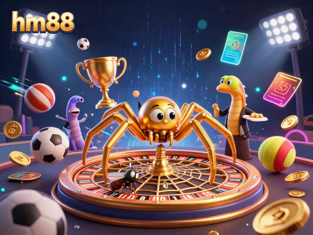 Experience the thrill of betting with hm88, as a fly nervously places bets at a roulette web, animated by a golden spider.