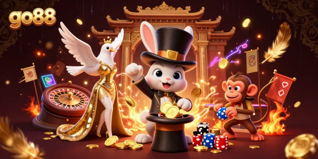 Experience the magic of go88 as a playful rabbit conjures coins with casino elements in a vibrant scene.