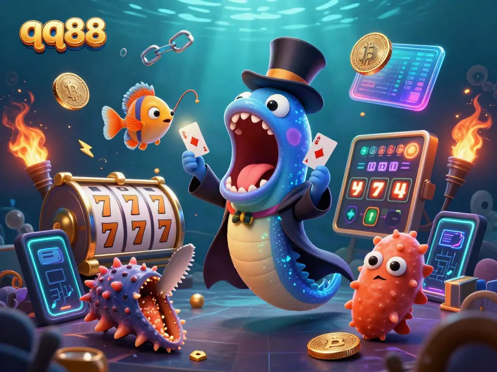 Experience magic at qq88 with a bioluminescent eel performing card tricks in a vibrant casino world.