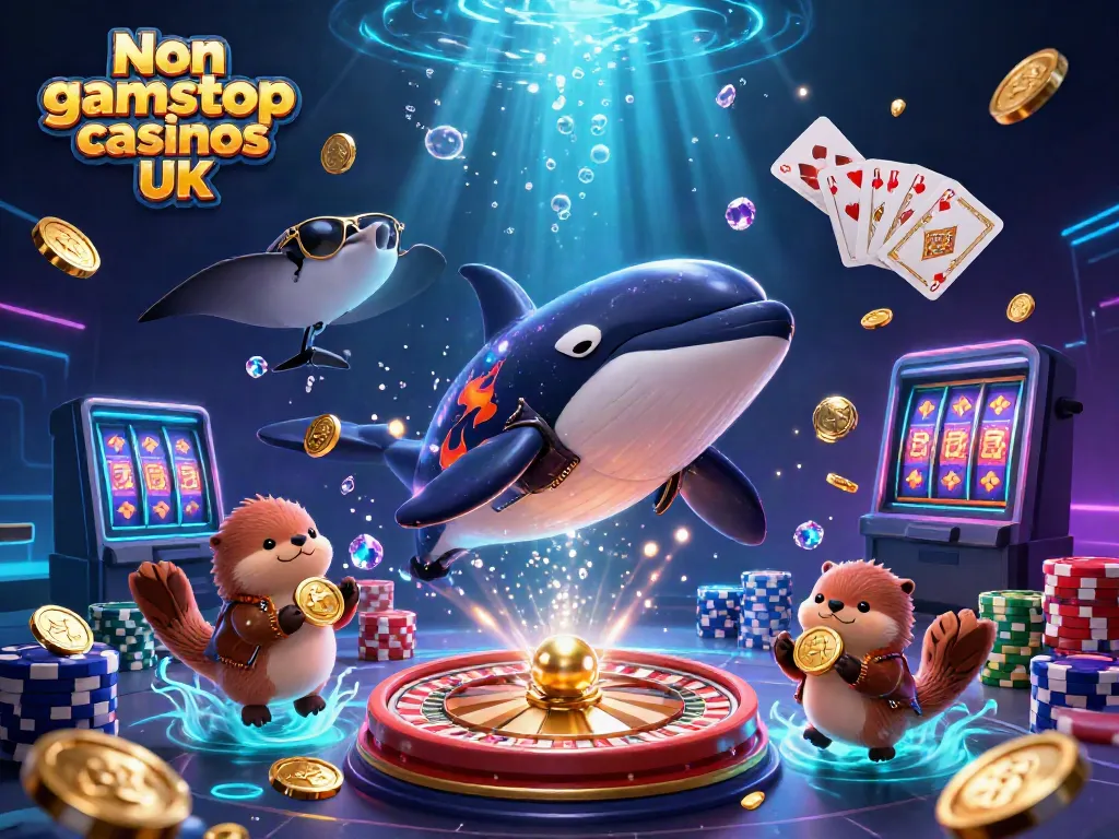 Engaging 3D scene showcasing Non gamstop casinos UK with vibrant characters and casino elements.