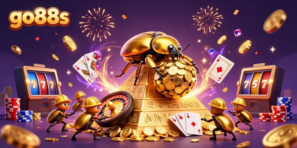 Experience thrilling gameplay with go88s, featuring a dazzling scene of golden beetles and casino treasures.