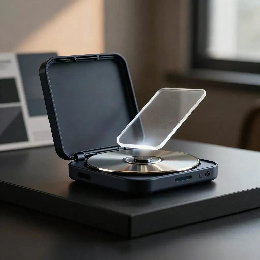 Opened dark marketing kit with chrome disc and acrylic spacer on matte black, moody rim light