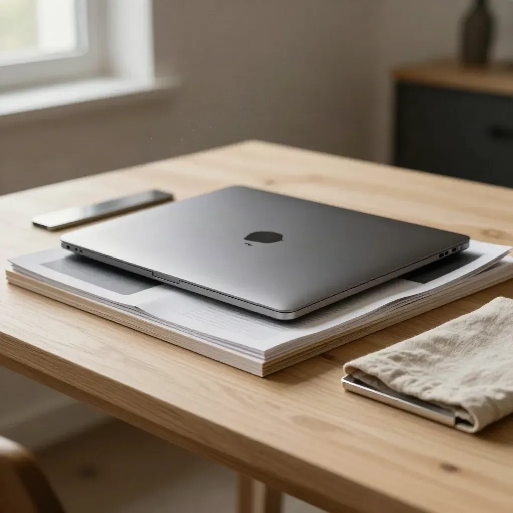 Charcoal laptop, wood boards, folded mockups and linen sleeve on a pale oak workbench.