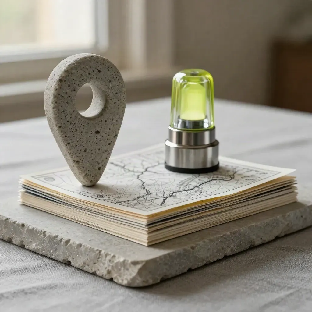 Macro of stone pin marker, tiny beacon and folded map cards over ash-grey linen.