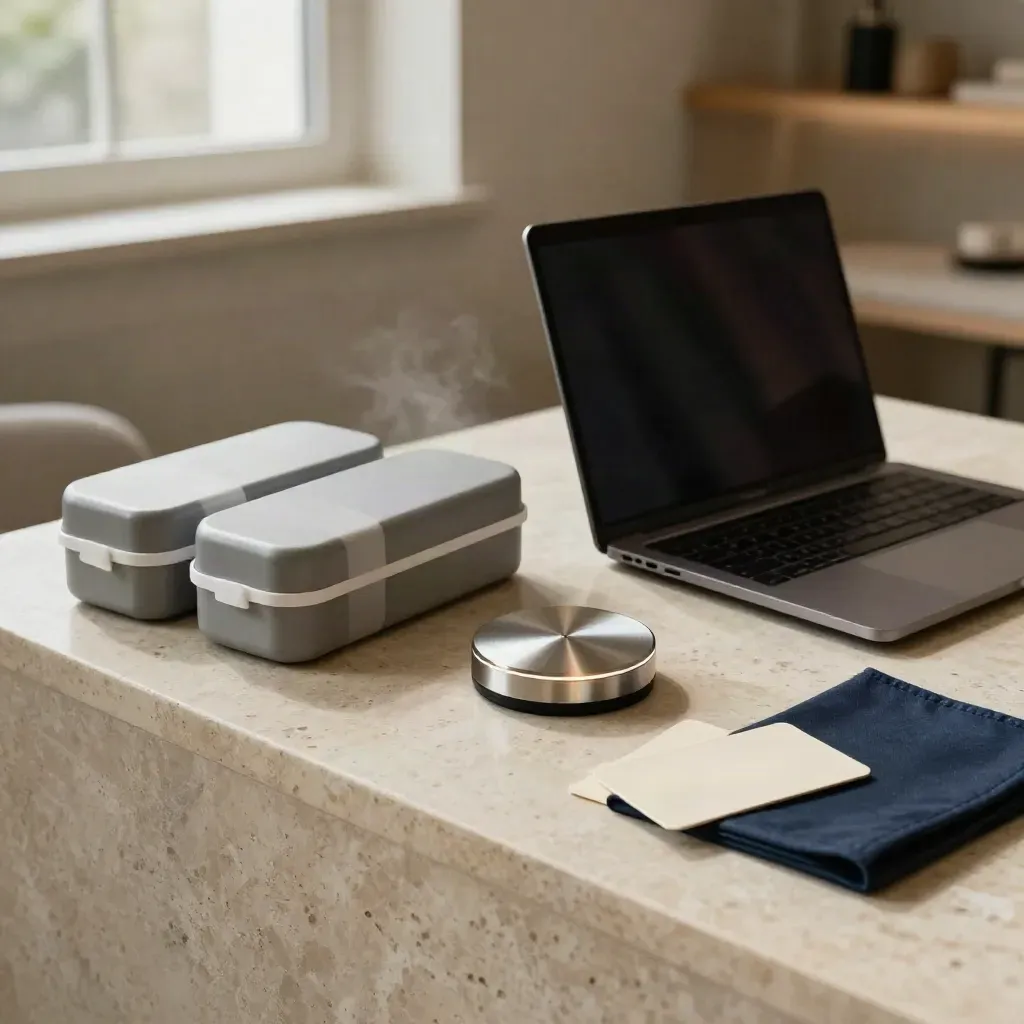 SEO and PPC launch bundle on a travertine ledge with laptop, puck and blank cards.