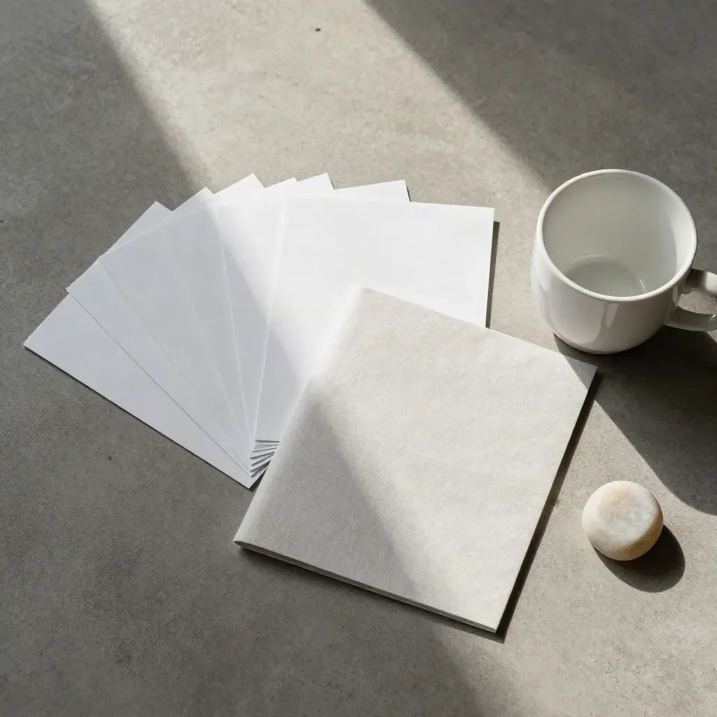 Overhead flatlay of blank editorial cards, linen folder, paperweight and ceramic cup on concrete.