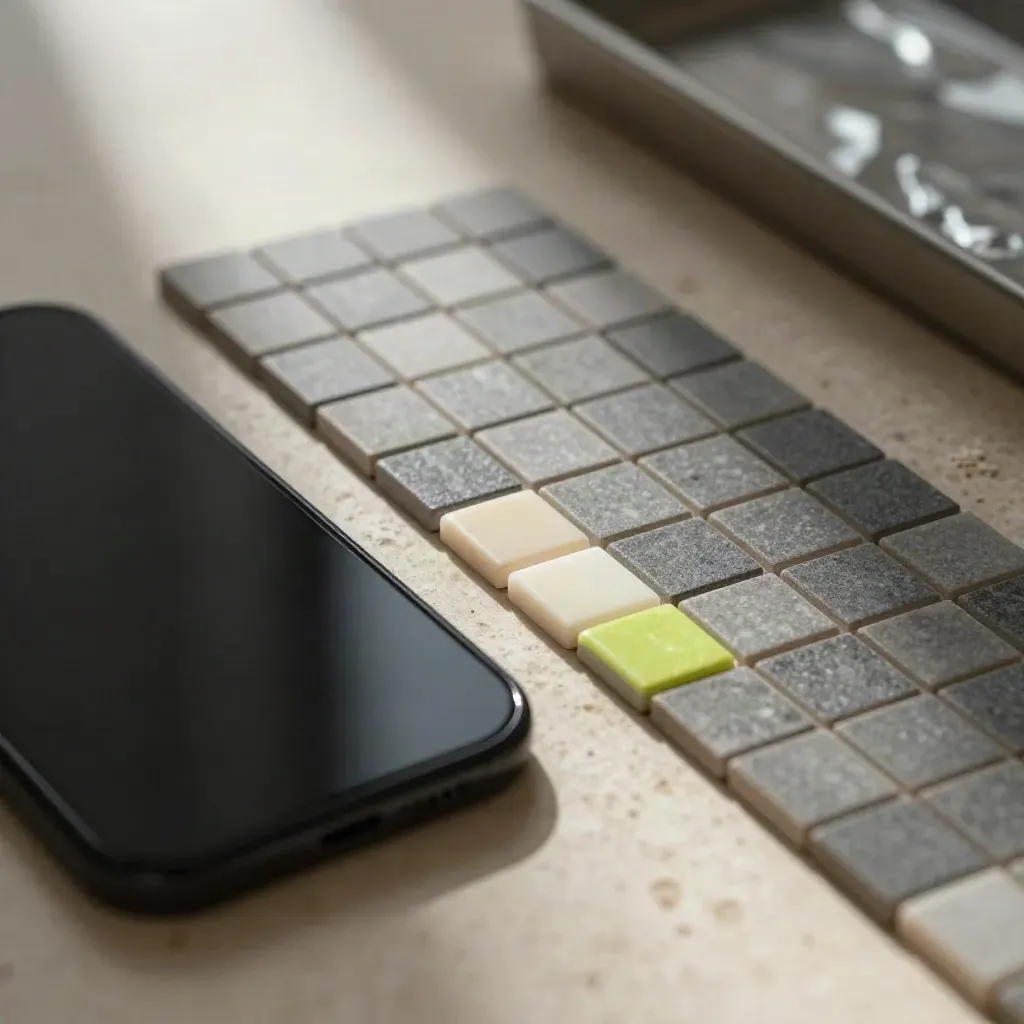 Macro of social media planning tiles, black phone slab and lime chips on travertine.